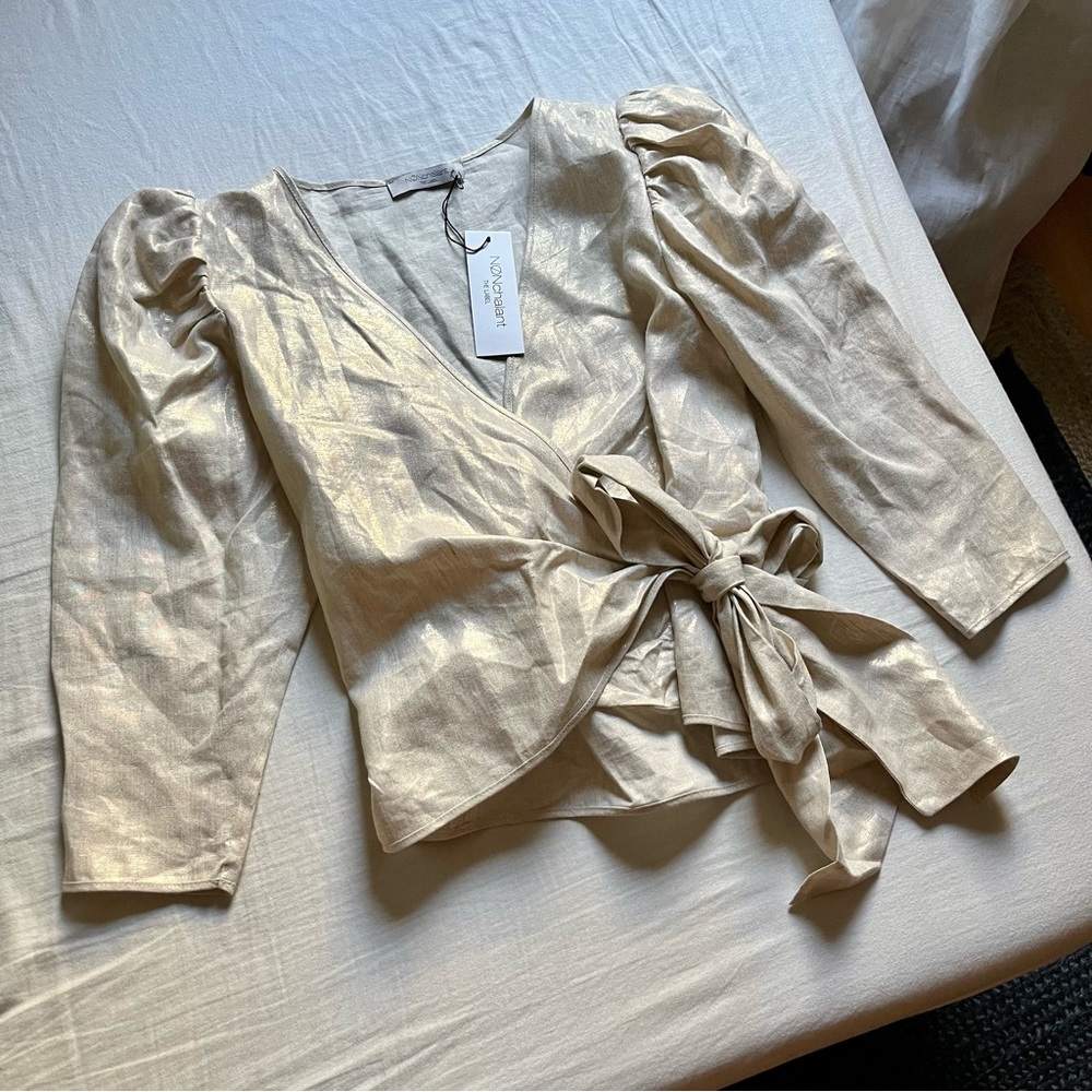 NONchalant Cream Gold Wrap Tie Front Blouse